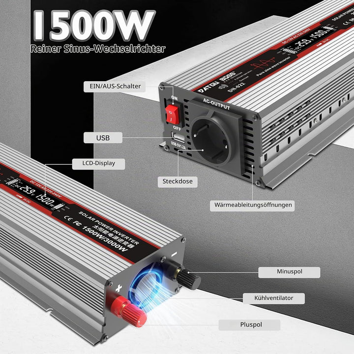 DATOUBOSS Wechselrichter 24v auf 230v Reiner Sinus 1500W/3000W Spannungswandler mit LCD-Display,USB