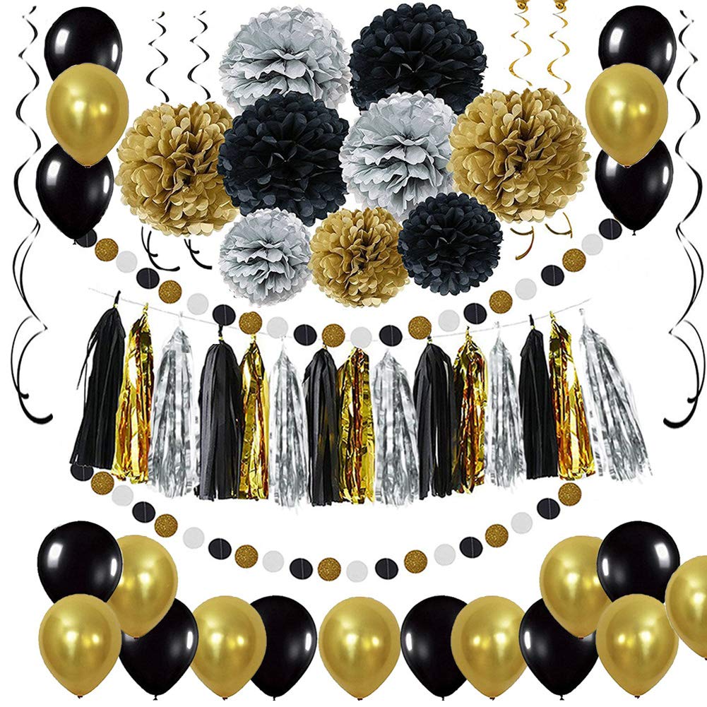 Schwarz Gold Party Deko Set - DIY Pompoms Blumen, Quaste Girlande, Luftballons, Polka Dot Papier Gir