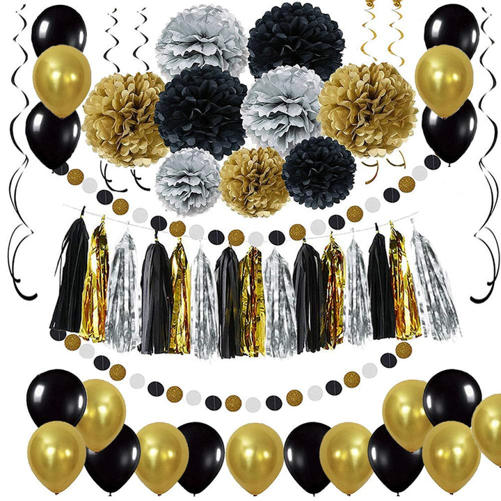 Schwarz Gold Party Deko Set - DIY Pompoms Blumen, Quaste Girlande, Luftballons, Polka Dot Papier Gir