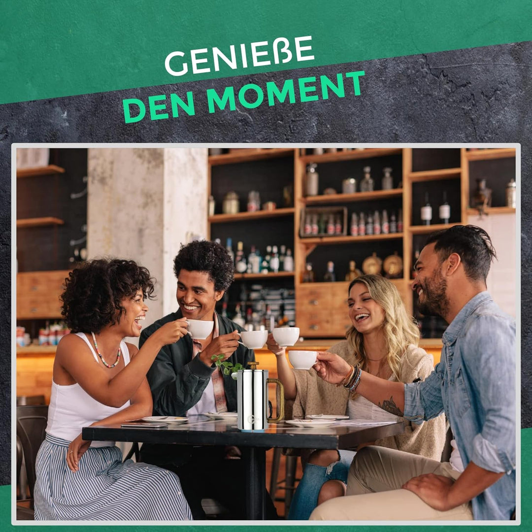 QFeelzz French Press – Edelstahl Kaffeebereiter mit Holzelementen – Thermo Kaffeepresse [Silber-Desi