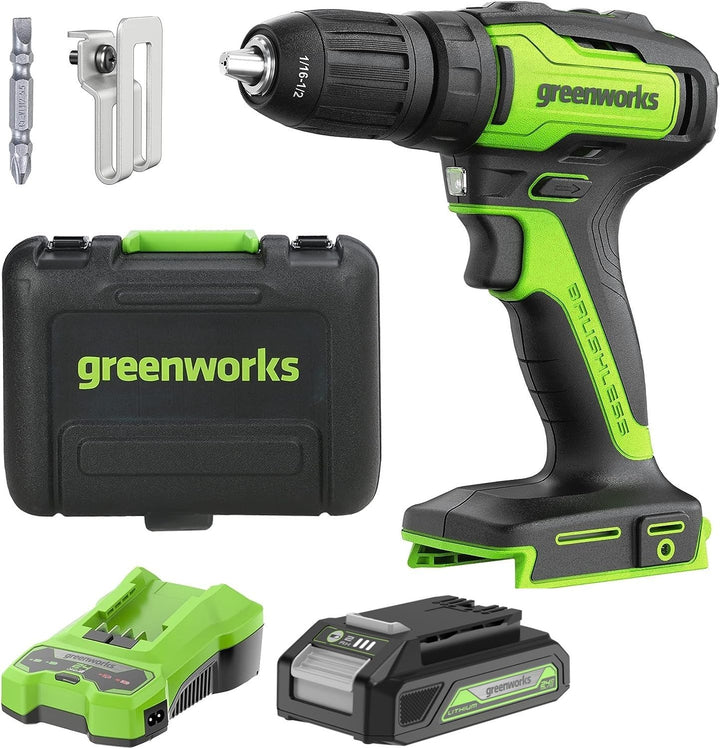 Greenworks 24 V Akku-Bohrschrauber, 35 Nm, Bürstenloser Motor, 18 Stufen Drehmomentstufen, 13 mm-Boh