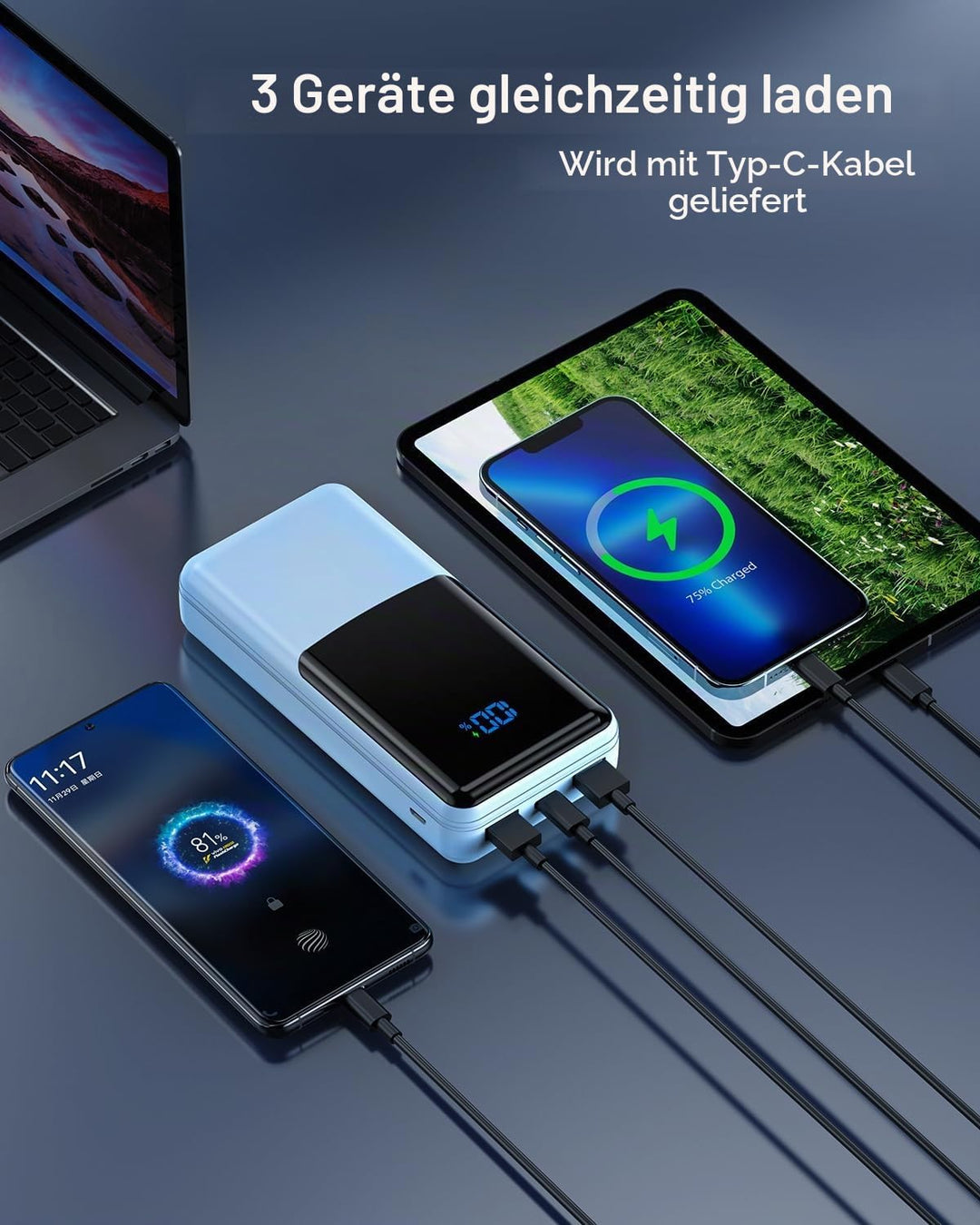 Coblob Power Bank, 27000mAh Powerbank USB C PD 20W Schnellladefunktion mit LED Display, Akkupack Ext