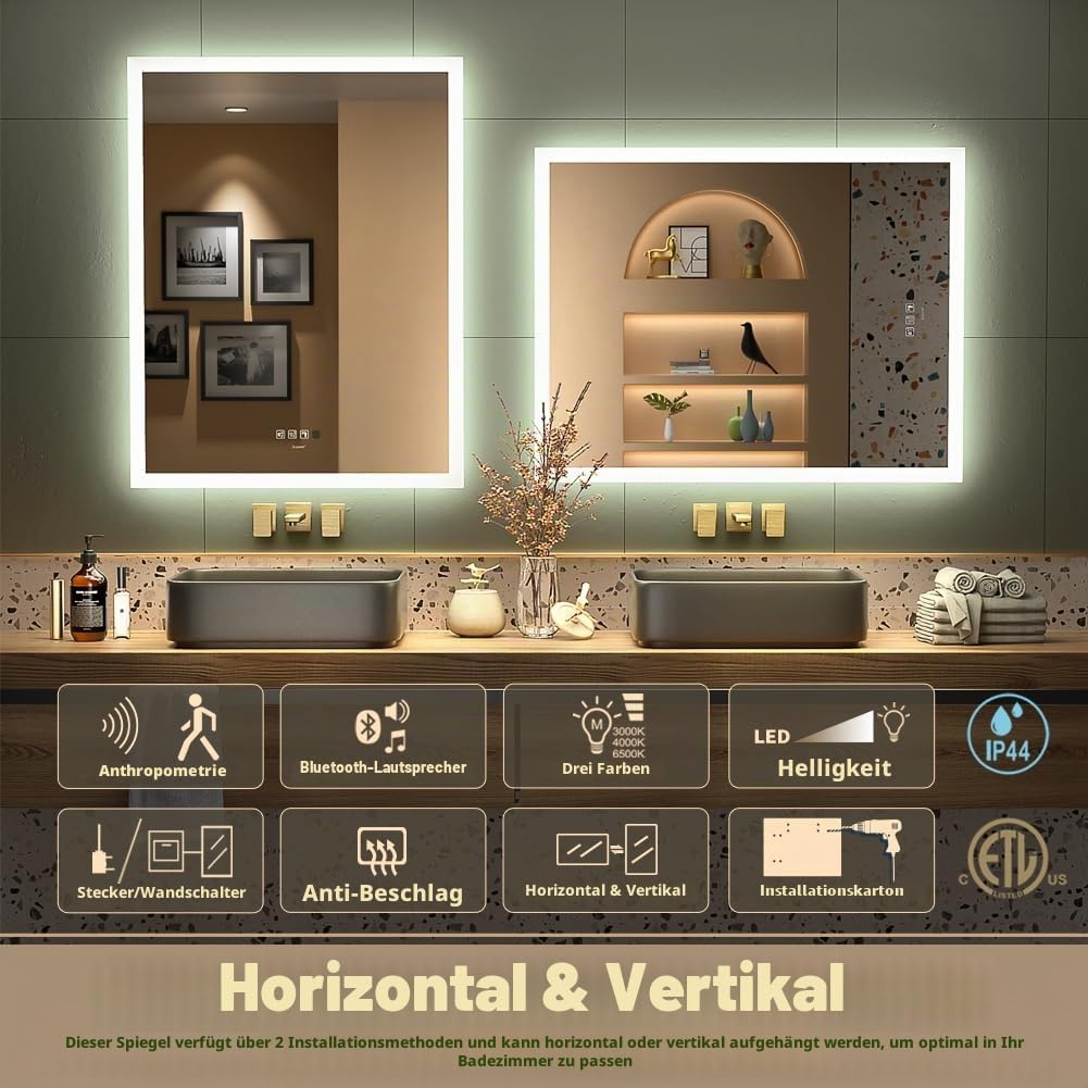GANPE LED Bathroom Mirror, Makeup Vanity Mirror Wall Mounted, Human Induction, Bluetooth, Anti Fog,