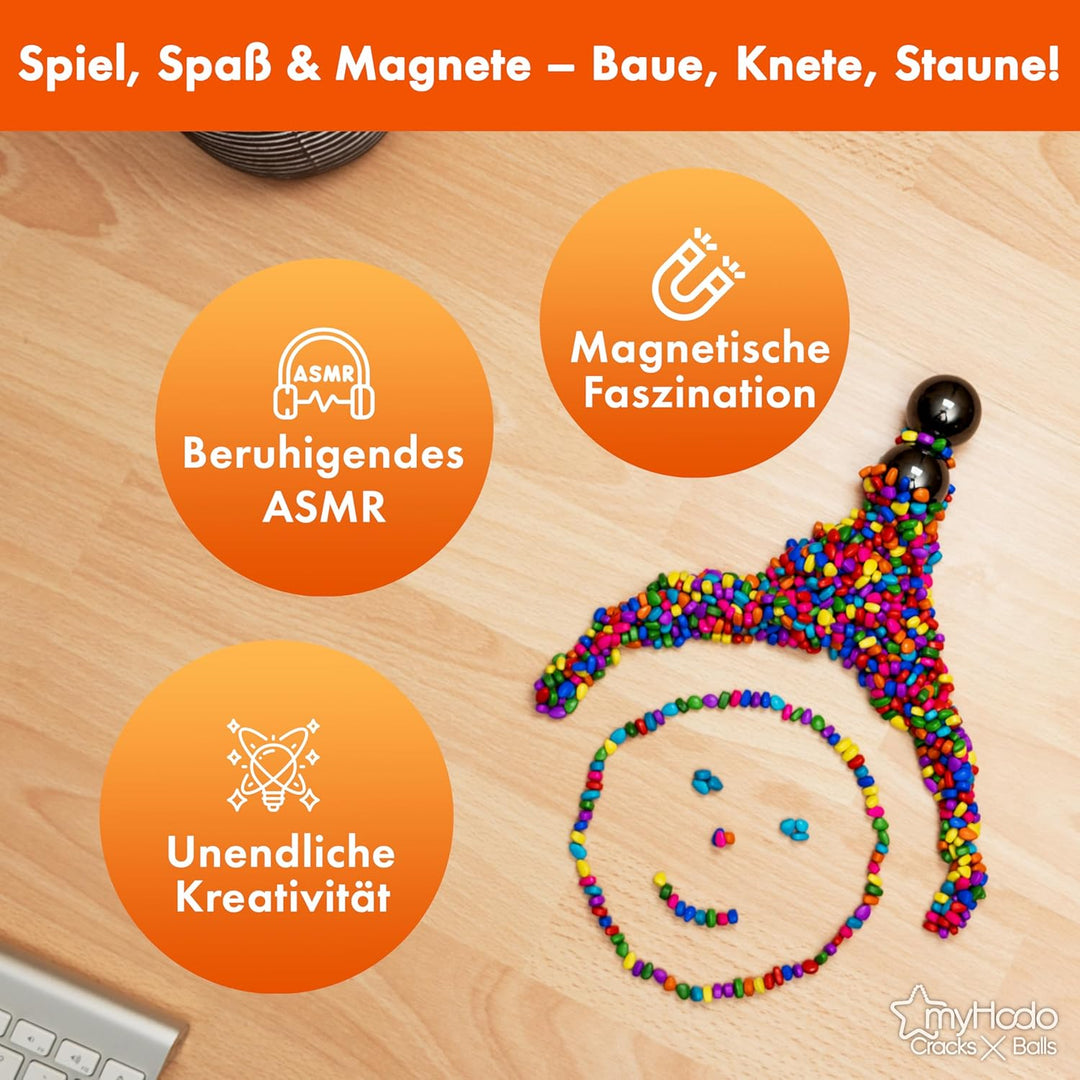 myHodo Crack Magnets Bundle | 2X Magnetkugeln (33mm) & 550+ Bunte Magnetsteine (~6mm) | Taktiles Mag
