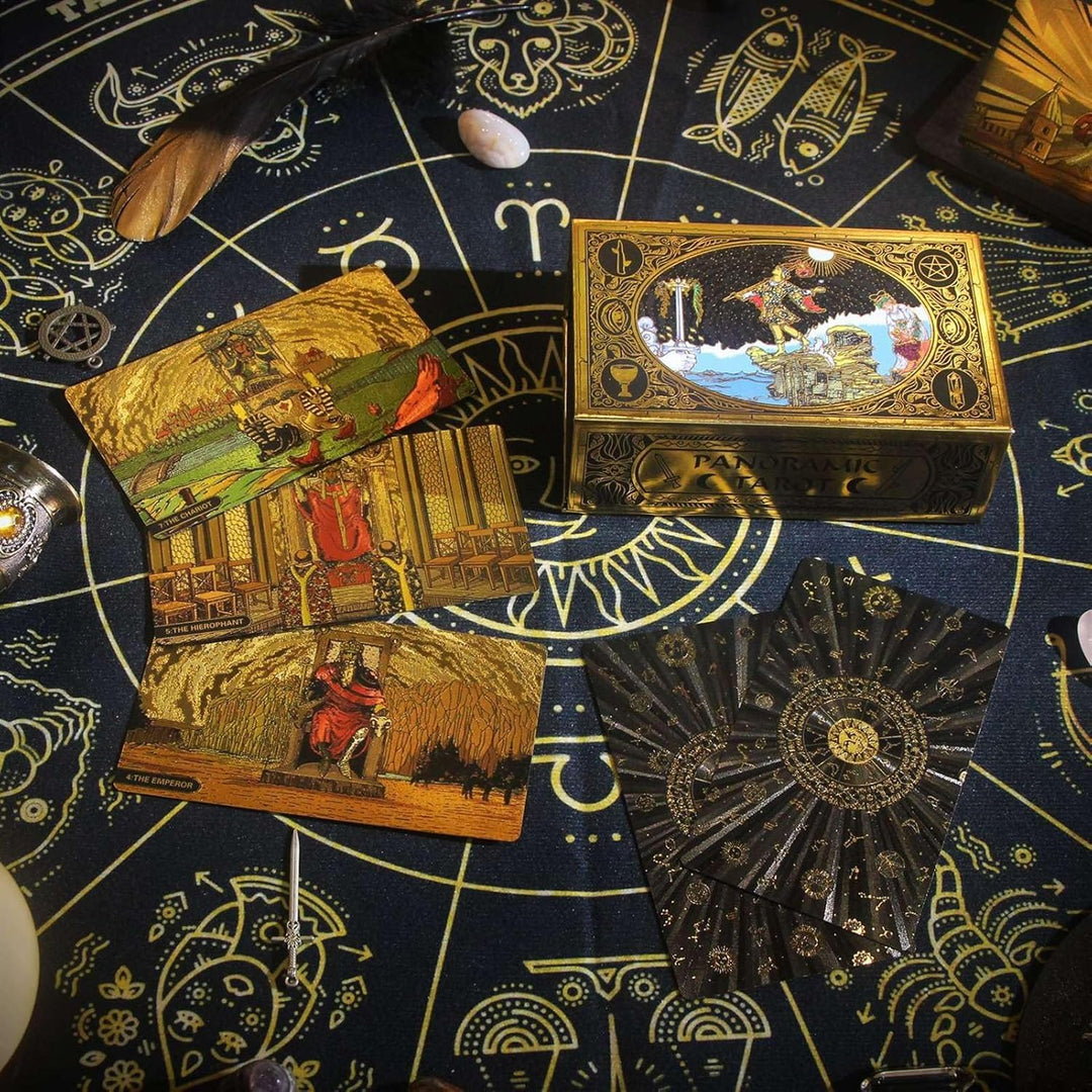 GIBZ Vintage Original Design Tarot Karten, 78 Stück Schwarz Goldfolie Tarot Deck Set, mit Guide Buch