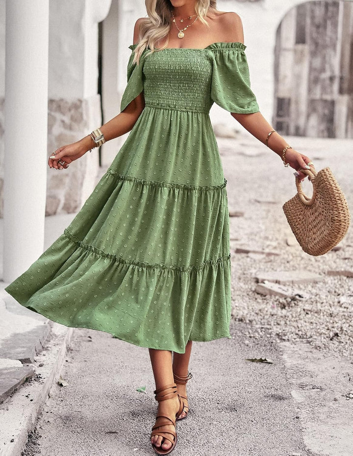 Damen Smocked Midi Kleid Kurzarm U-Ausschnitt Sommerkleid A-Linie Maxikleid Cocktail XL Grün, XL Grü