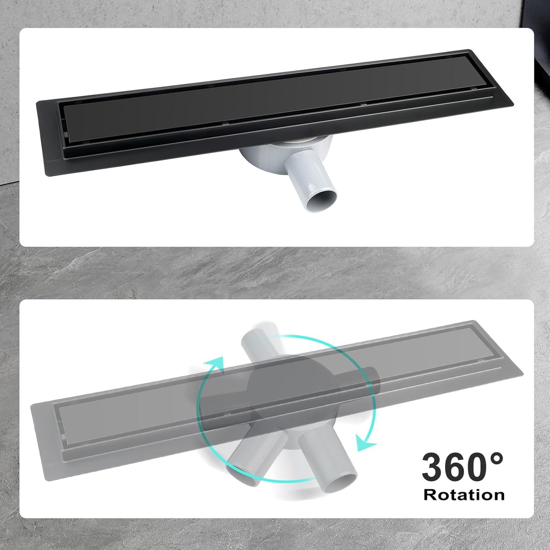 Duschrinne schwarz 30cm Edelstahl Bodenablauf 2-in-1 doppelseitig, Flieseneinsatz Ablaufrinne,schnel
