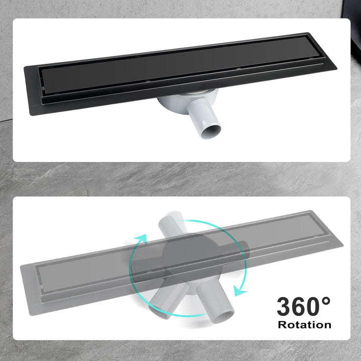 Duschrinne schwarz 30cm Edelstahl Bodenablauf 2-in-1 doppelseitig, Flieseneinsatz Ablaufrinne,schnel