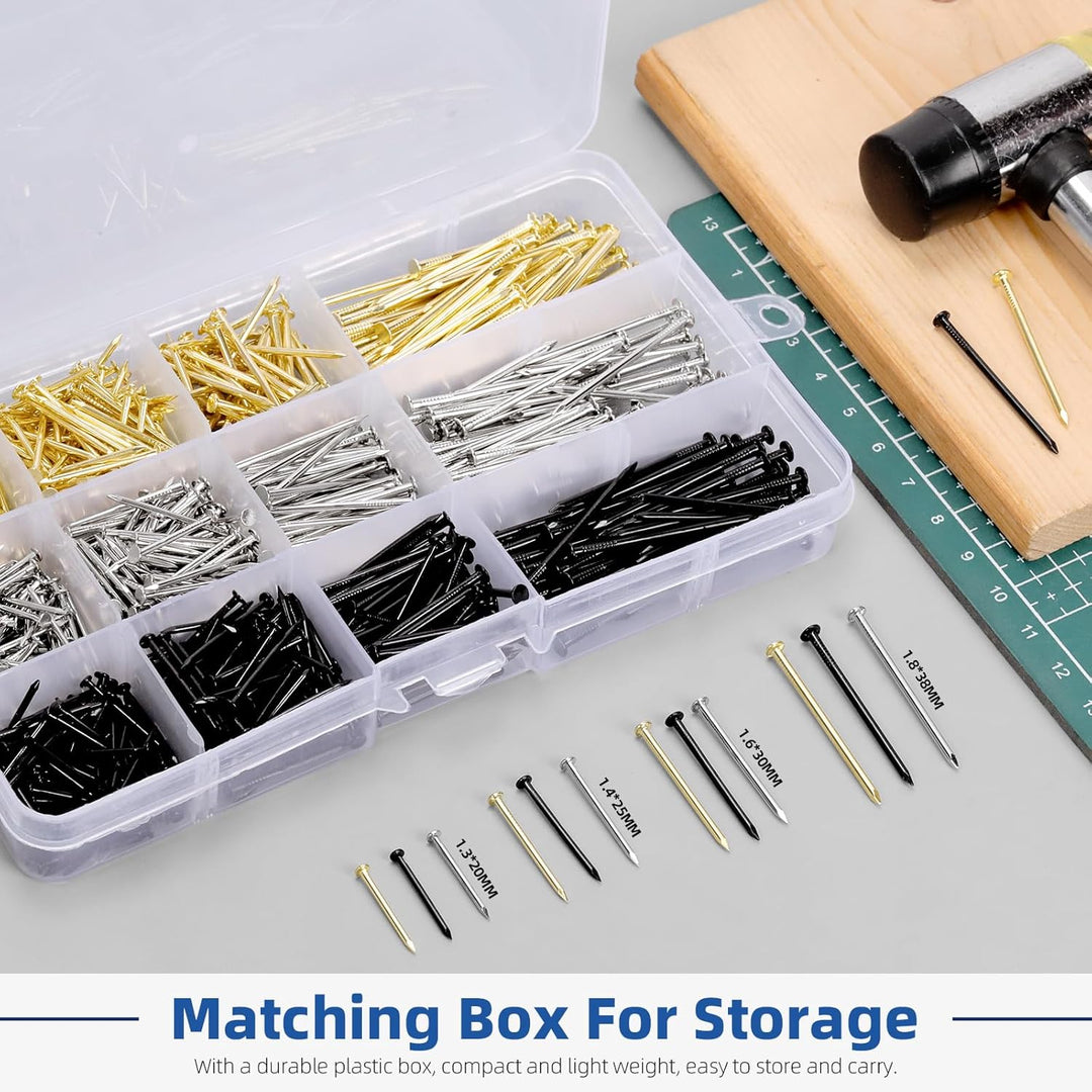 Glarks 900pcs 20/25/30/38mm Länge Nagel Sortiment Kit, Schwarz Silber Gold Farben hängende Nägel, Fi