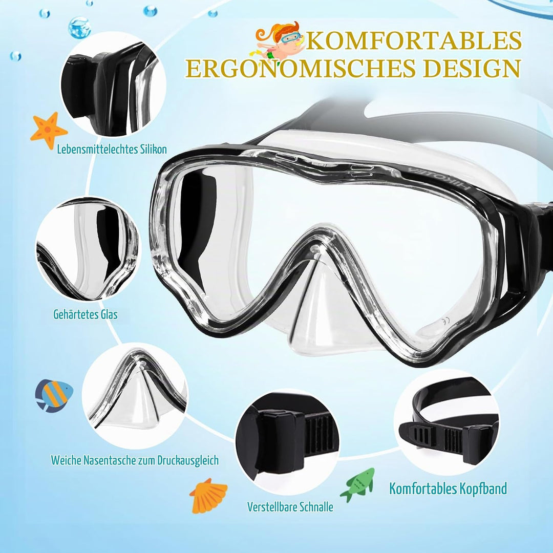 Schnorchelset Kinder, HIKOTEY Trocken Schnorchelset Kinder Anti-Fog Panorama, Anti-Leck Tauchmaske D