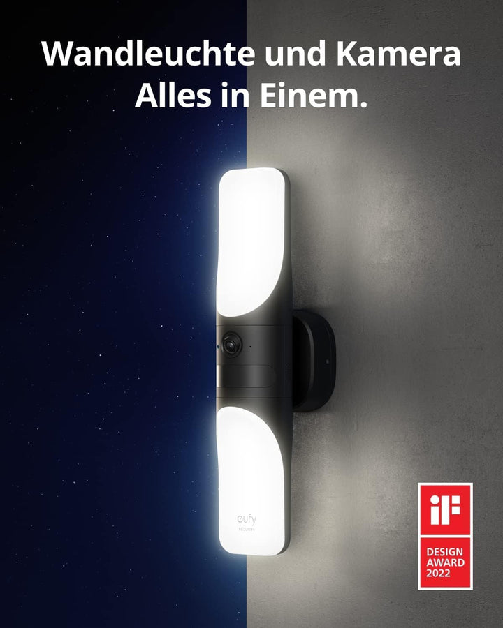 eufy Security Kabelgebundene Wall Light Cam S100, Aussenleuchte mit Kamera, 2K Überwachung, 1200 Lum