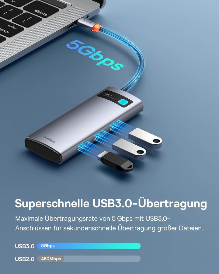 Baseus USB C Hub 7 in 1 Adapter mit 4K@60Hz HDMI, 100W PD, 3 A 3.0 5Gbps, SD/TF Kartenleser, Docking