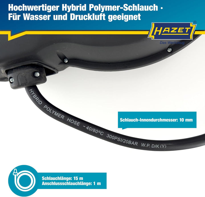 HAZET Schlauchtrommel 9040N-13 | Schlauch-Länge 15 m, Innendurchmesser: 13 mm, Druck: 20 bar für Dru