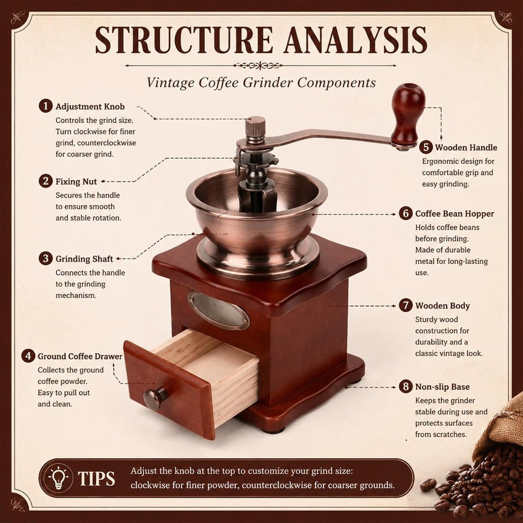 Manuelle Kaffeemühle Einstellbare Grobheit Kaffeemühle Mahlwerk Kaffeebohnenmühle Vintage Holz Handm