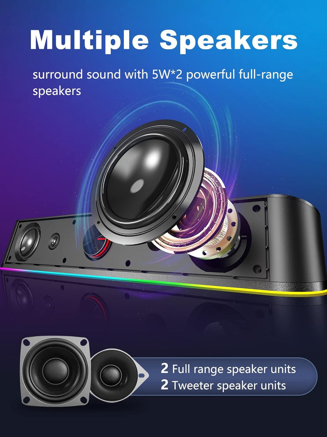 Soundbar für TV,SPKPAL10W Pc Lautsprecher soundbar mit Surround Stereo Audio Buntes RGB Licht USB äh