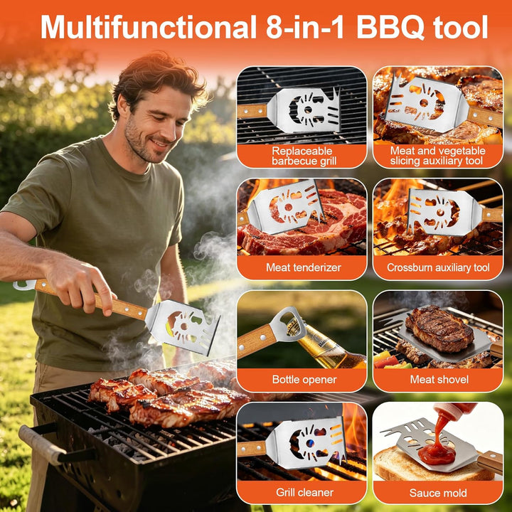 Grillbesteck Set 3-TLG,Grill Zubehör Set mit Extra-Langen Holzgriff und Tragetasche,Edelstahl,Antiro