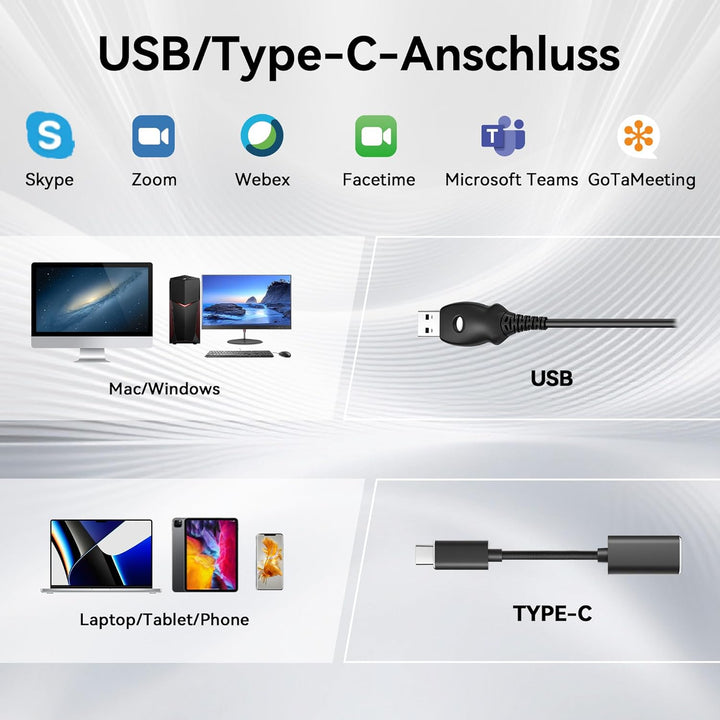Wantek USB Headset mit Mikrofon für PC Laptop Büro, USB Stecker Typ-C Adapter Für Call Center Online