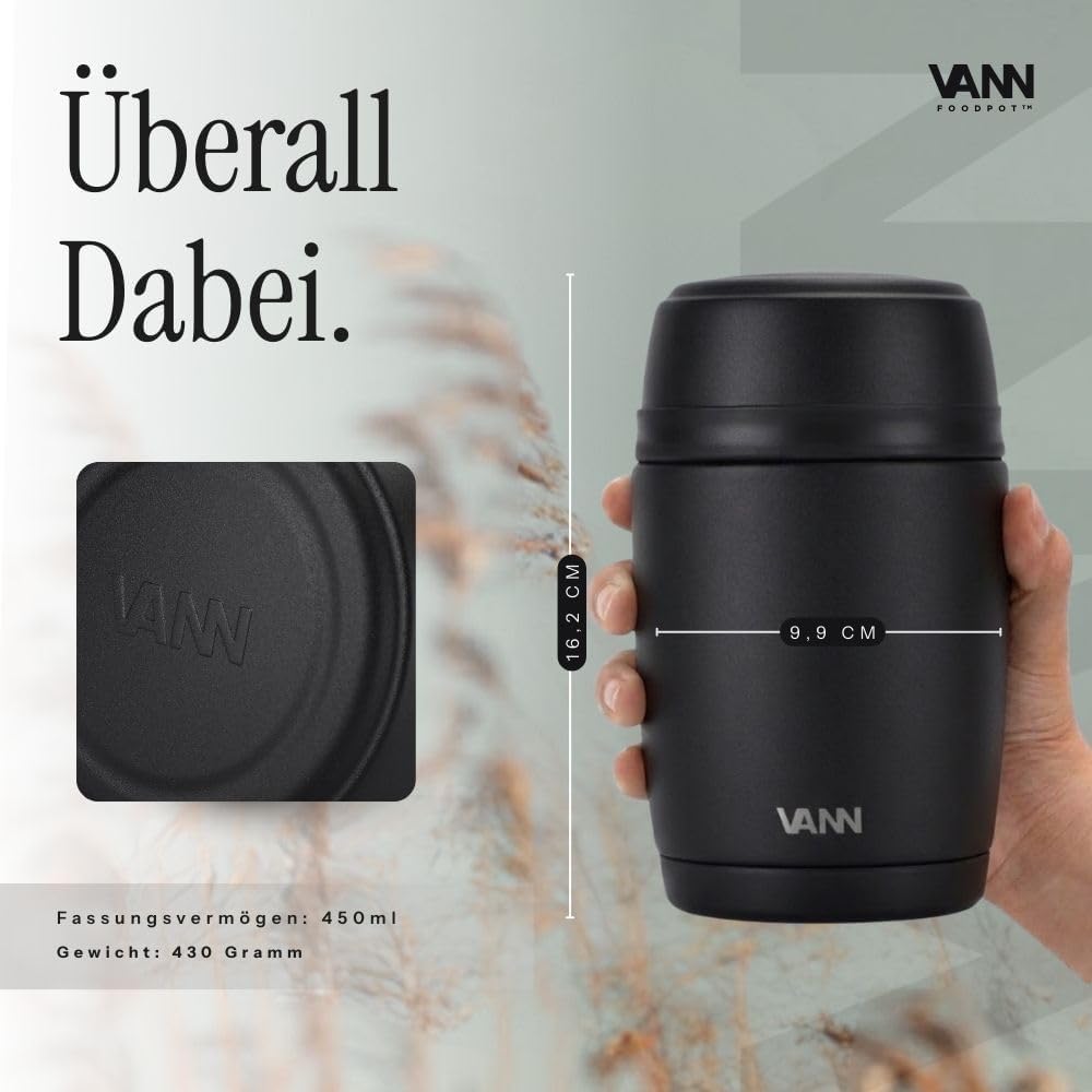 VANN Thermobecher für Essen 450 ml – Thermobehälter [16h kalt, 9h warm] – Recycelte Edelstahl Thermo