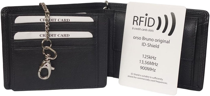 orso Bruno original Schwarze Geldbörse mit Kette im hochwertigen Leder Querformat Bikerbörse mit Ket