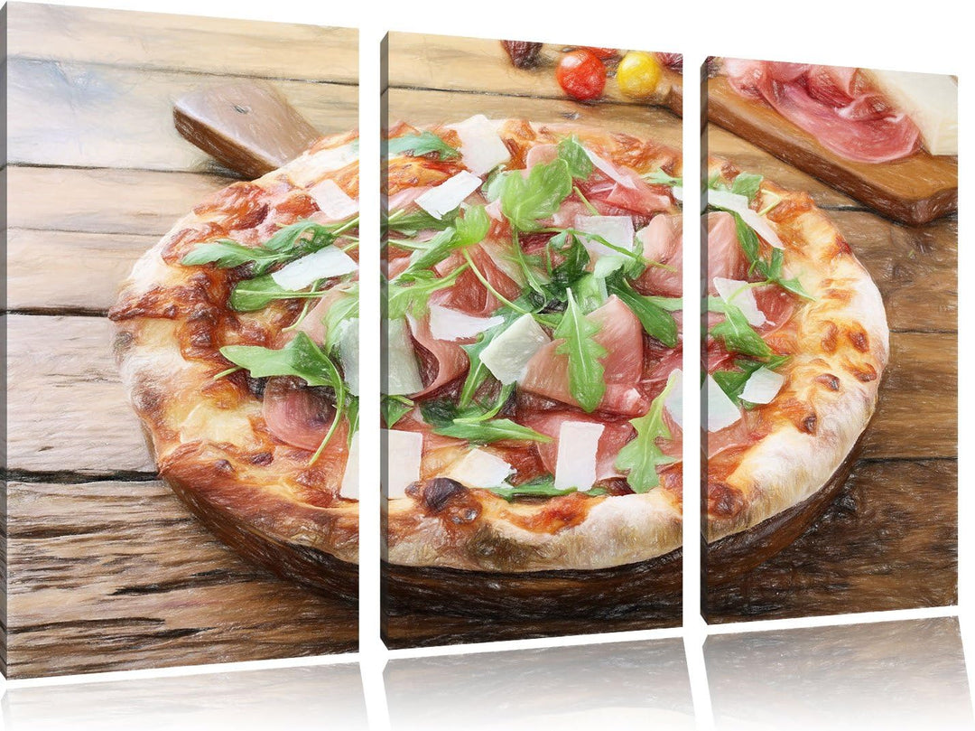 Pixxprint Prosciutto Pizza auf Holztisch / 3-Teilig/Gesamtmass 120cm Leinwandbild bespannt auf Holzr