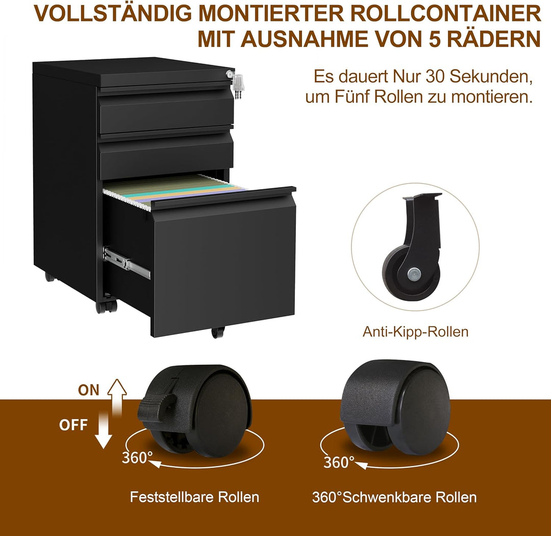 Rollcontainer, Aktenschrank Abschliessbar mit 4 Schlüsseln, Aktenschrank unter Schreibtisch, mit 3 S