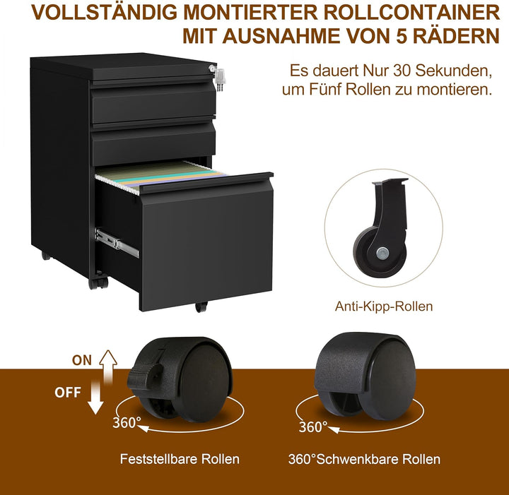 Rollcontainer, Aktenschrank Abschliessbar mit 4 Schlüsseln, Aktenschrank unter Schreibtisch, mit 3 S