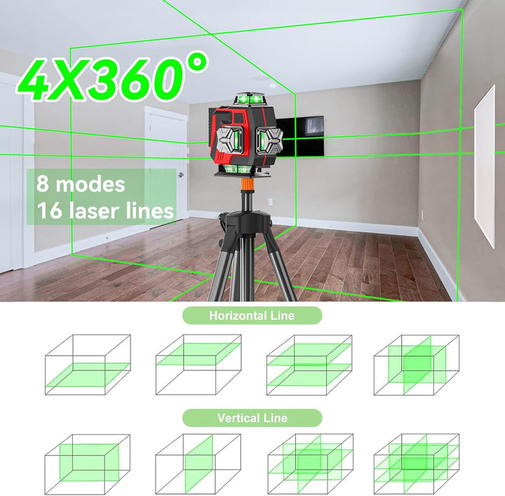 Kreuzlinienlaser mit Stativ, 4D-Laser Wasserwaage mit 16 Linien, selbstnivellierender Laser, Kreuzli