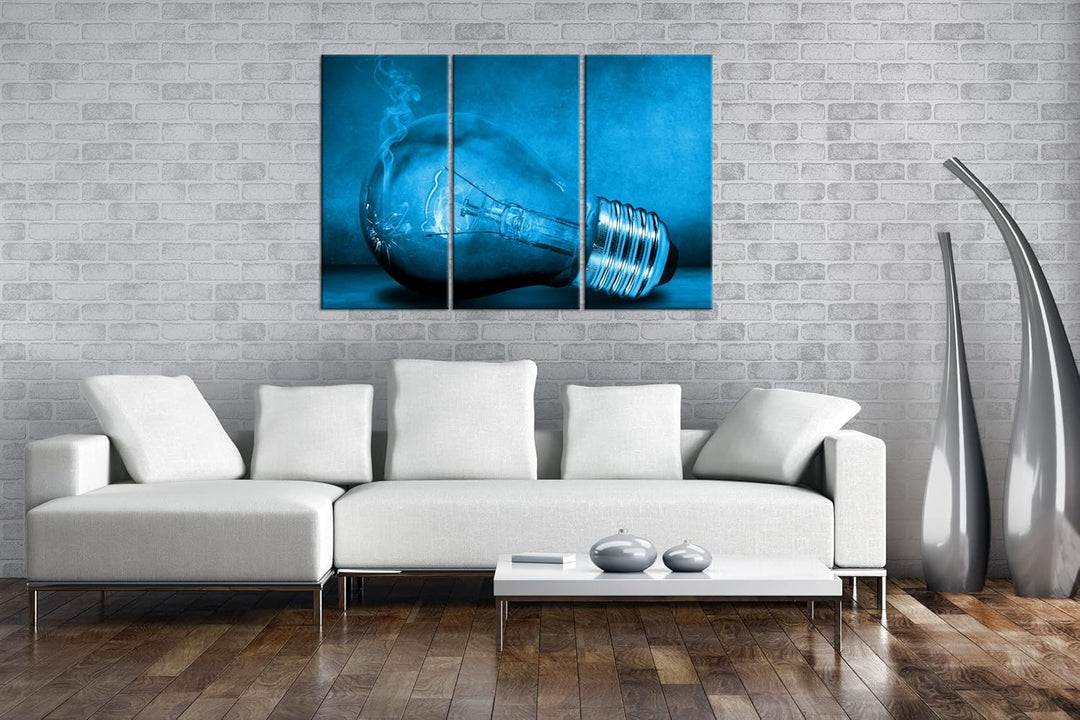 deyoli leuchtende Glühbirne Format 120x80 3Teilig Effekt: Monocrome Blau als Leinwandbild, Motiv fer
