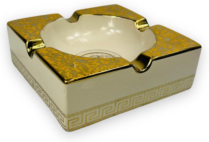Luxus Porzellan-Aschenbecher, Mäander-Design, Weiss-Gold, Vintage-Stil