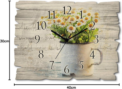 ARTLAND Wanduhr ohne Tickgeräusche aus Holz Funkuhr 40x30 cm Rechteckig Lautlos Blumen Gänseblümchen