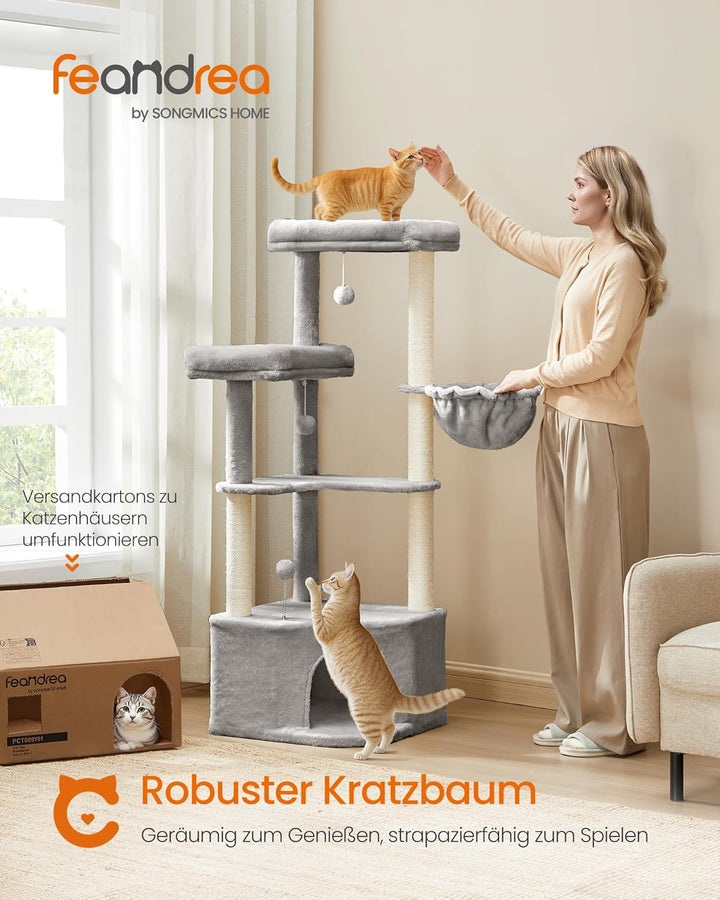 Feandrea Kratzbaum, Katzenbaum, 48,5 x 48,5 x 140,7 cm, Katzenkratzbaum mit grosser Kuschelhöhle, gr