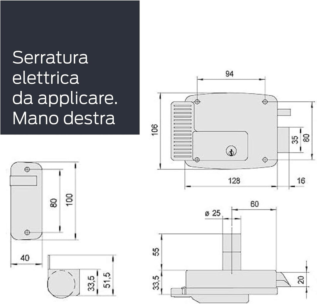 Cisa 11721601 Elektro-Felgenschloss, 12 V, verzinkt, Entry 60, rechts Entrata 60 Rechtshänder ohne T