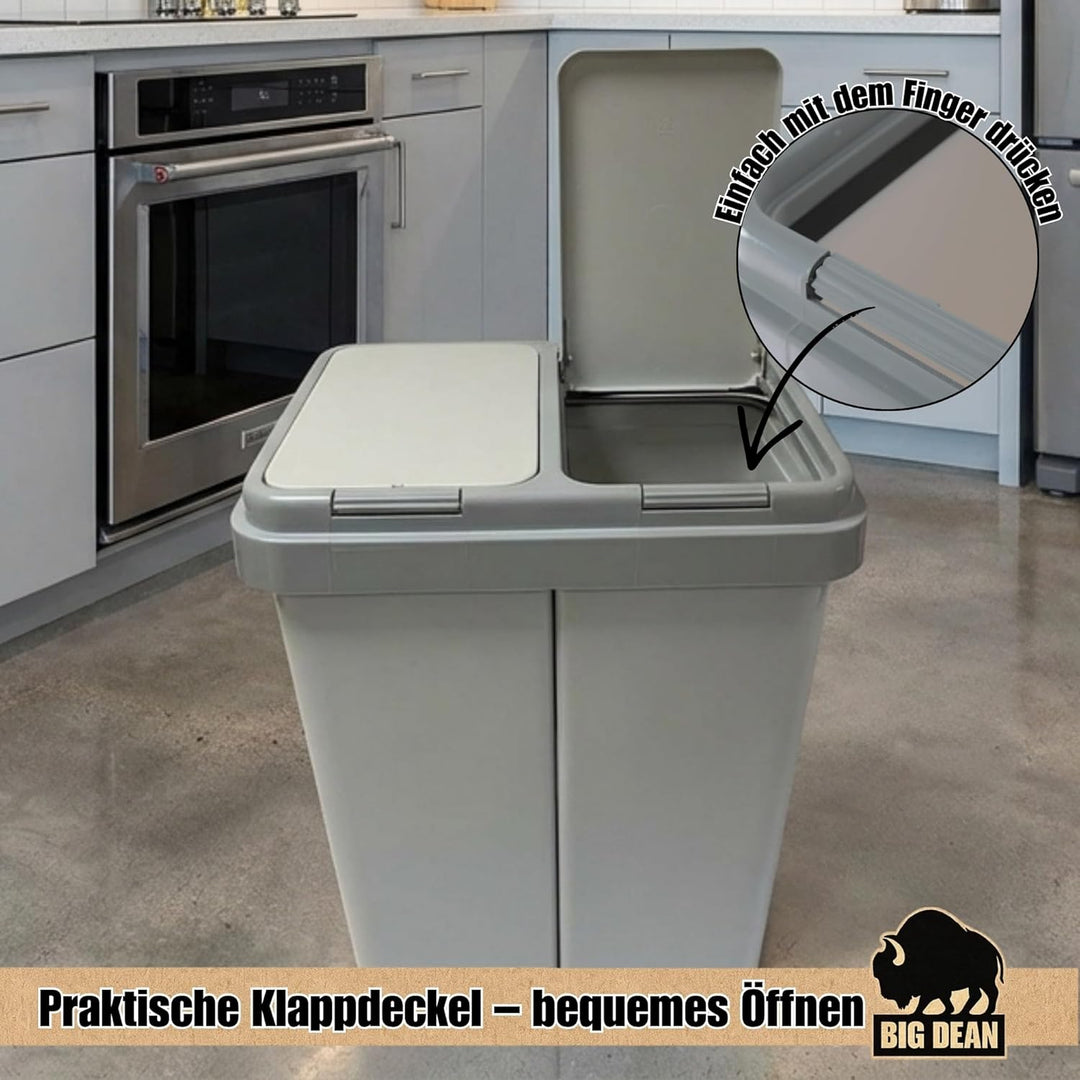 BigDean Zweimer Duo Müllbehälter mit Deckel 2 x ca. 25 Liter, Kunststoff Mülleimer für die Küche ger