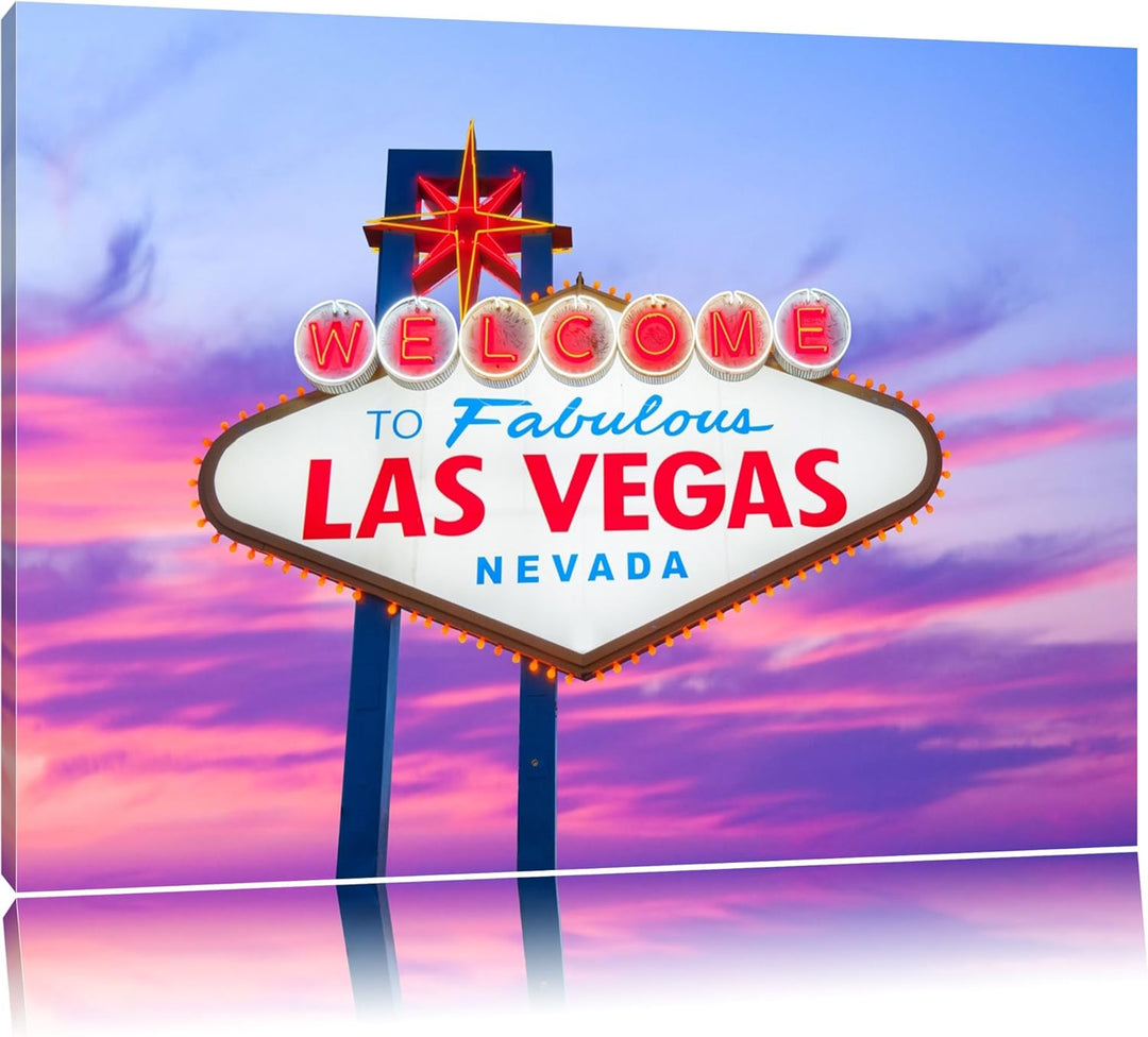Las Vegas Ortseingangsschild am Abend Format: 100x70 auf Leinwand, XXL riesige Bilder fertig gerahmt