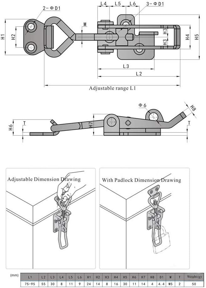 Verstellbare Verriegelung für Schränke, Boxen, Hebelgriff, Knebelverschluss, 2 Stück (1S, Bereich: 7