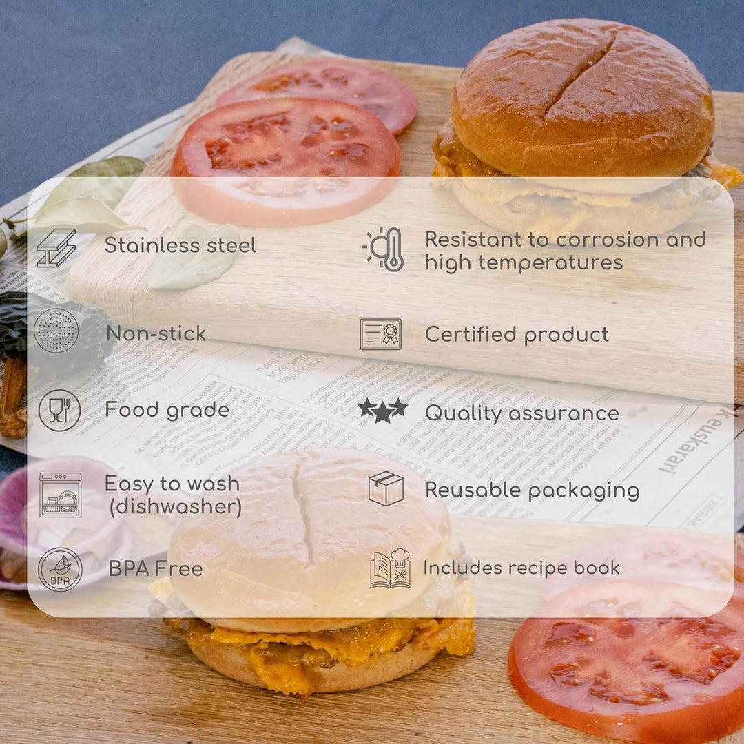 ADEGO Smash Burger Professionelles Set aus Edelstahl + QR mit Rezeptbuch - EU-zertifiziertes Produkt
