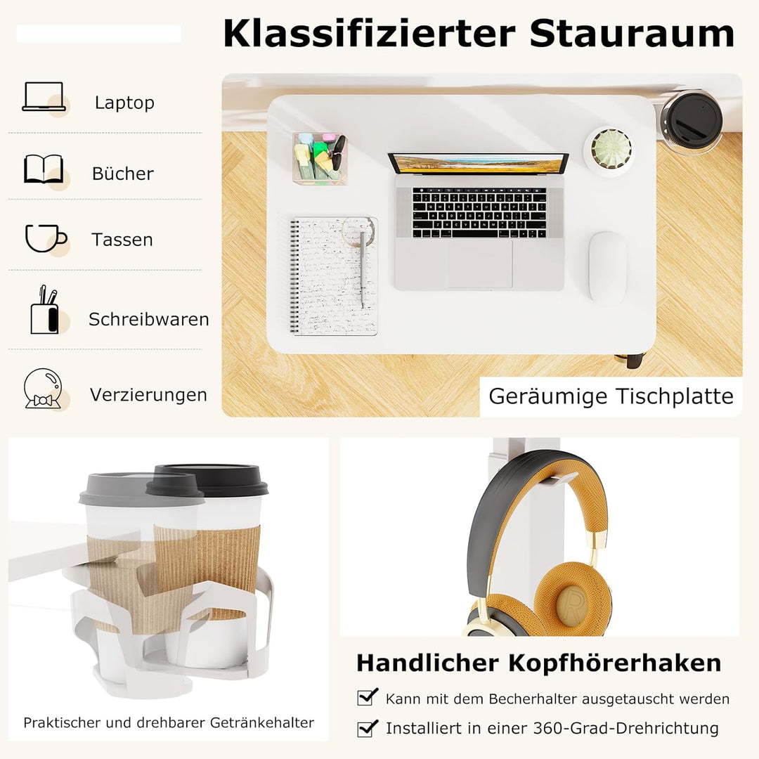 COSTWAY Pflegetisch mit versteckten Rollen, höhenverstellbarer Betttisch mit Becherhalter & Haken, K