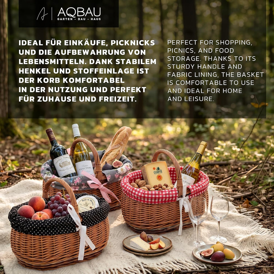 Weidenkorb mit Henkel gross – Einkaufskorb aus Naturweide mit Stoffeinlage (3 Designs) – Picknickkor
