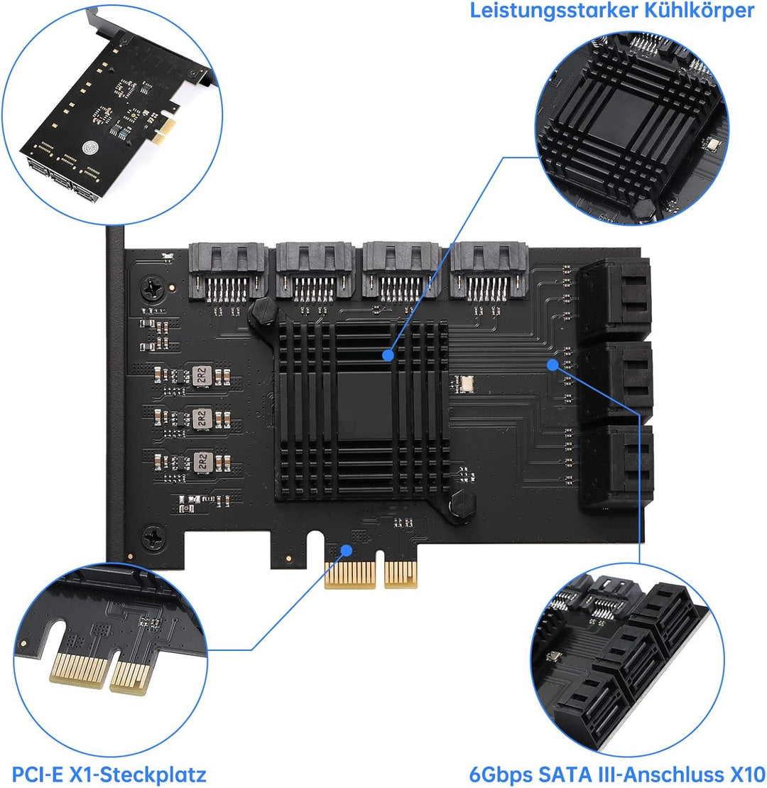 PCIE zu SATA Karte 10 Port mit 10 SATA Kabel, 6Gbps SATA 3.0 Controller PCI Express Erweiterungskart