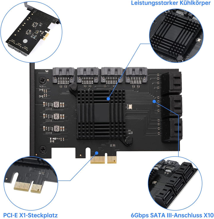 PCIE zu SATA Karte 10 Port mit 10 SATA Kabel, 6Gbps SATA 3.0 Controller PCI Express Erweiterungskart