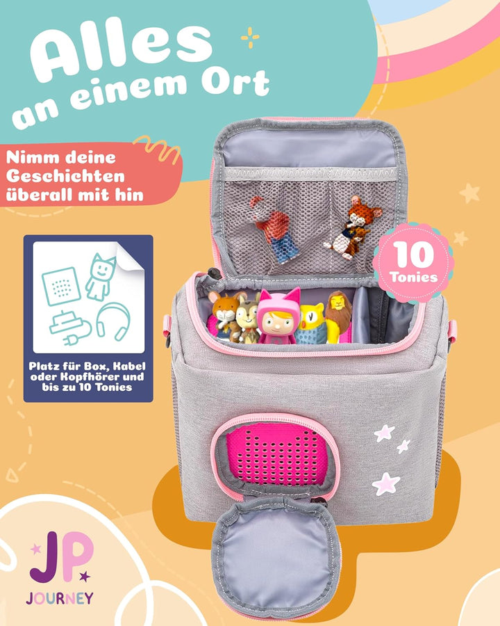 JP Journey Tasche für Toniebox - Transporttasche für 10 Figuren und Box, Reise und Auto (Grau-Rosa E