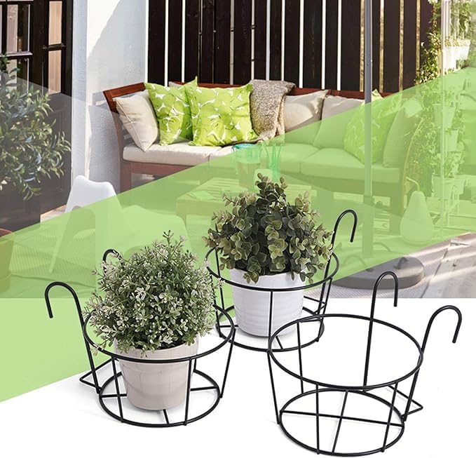 4er-Pack runde Pflanzgefässe zum Aufhängen mit Geländer, Blumentopfhalter, Metalltopf-Pflanzenkorb,