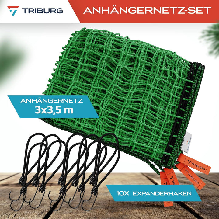 TRIBURG Anhängernetz 3x3,5 inkl. 10x Expander Haken - Anhänger Netz mit Eckmarkierungen und Randvers