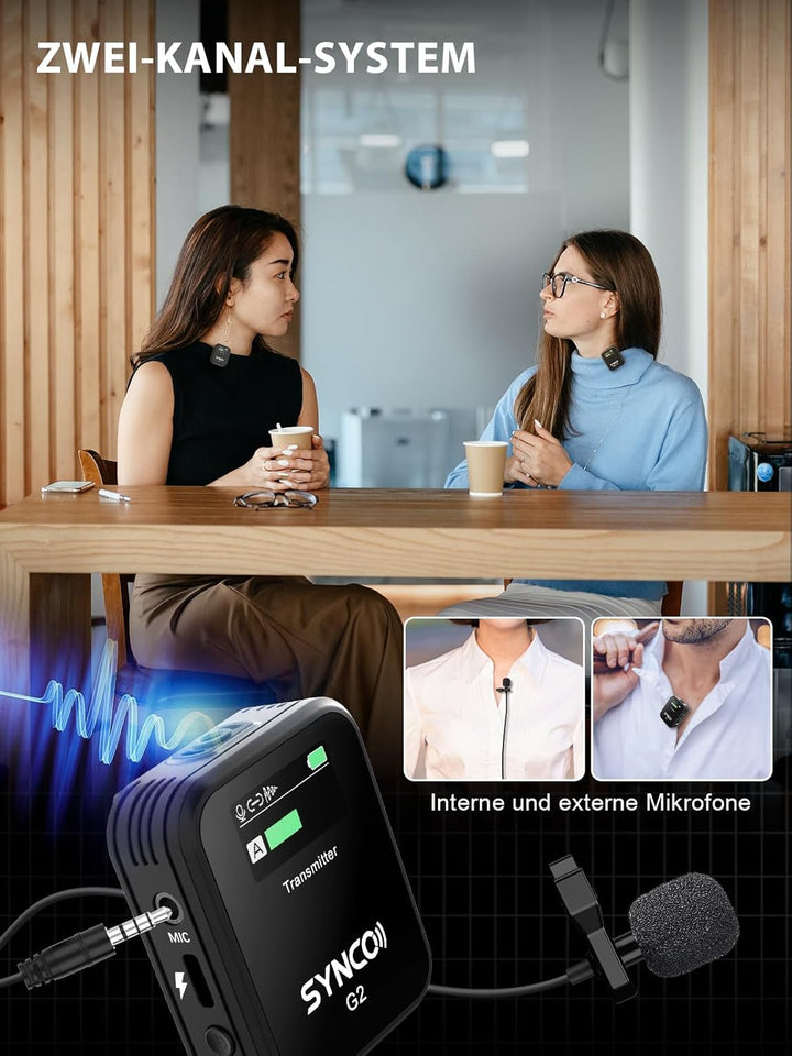 SYNCO Wireless Lavalier-Mikrofon, G2(A2) 2.4G Dual Transmitter 48KHz 24Bit Kabelloses Ansteckmikrofo