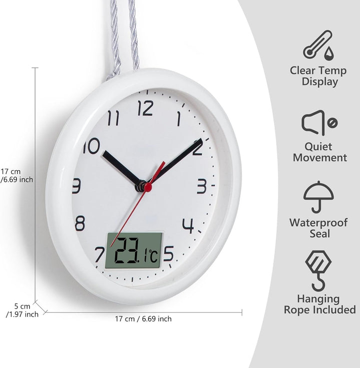 VIVILINEN Badezimmeruhr mit Temperaturanzeige Wanduhr ohne Tickgeräusche Küchenuhr mit Hängeband & S