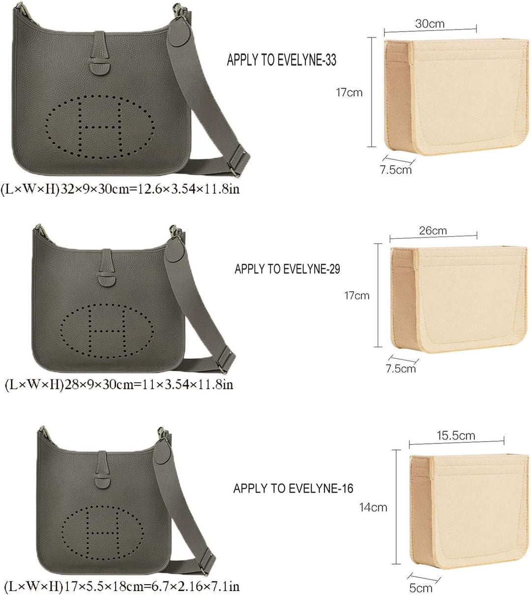 Lckaey Filz-Organizer für Hermes Evelyne III TPM PM GM Tascheneinsatz Mini 16 29 33 Tasche Geldbörse