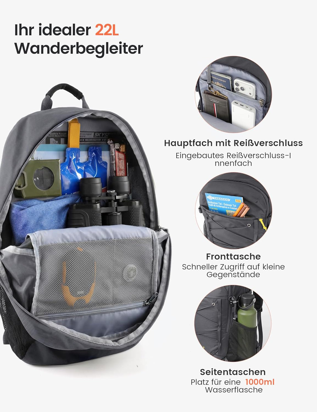 SKYSPER 22L Wanderrucksack Herren Damen Leichter Trekkingrucksack mit Belüftungsrücken Diebstahlsich