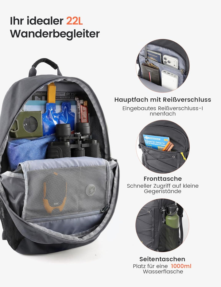 SKYSPER 22L Wanderrucksack Herren Damen Leichter Trekkingrucksack mit Belüftungsrücken Diebstahlsich