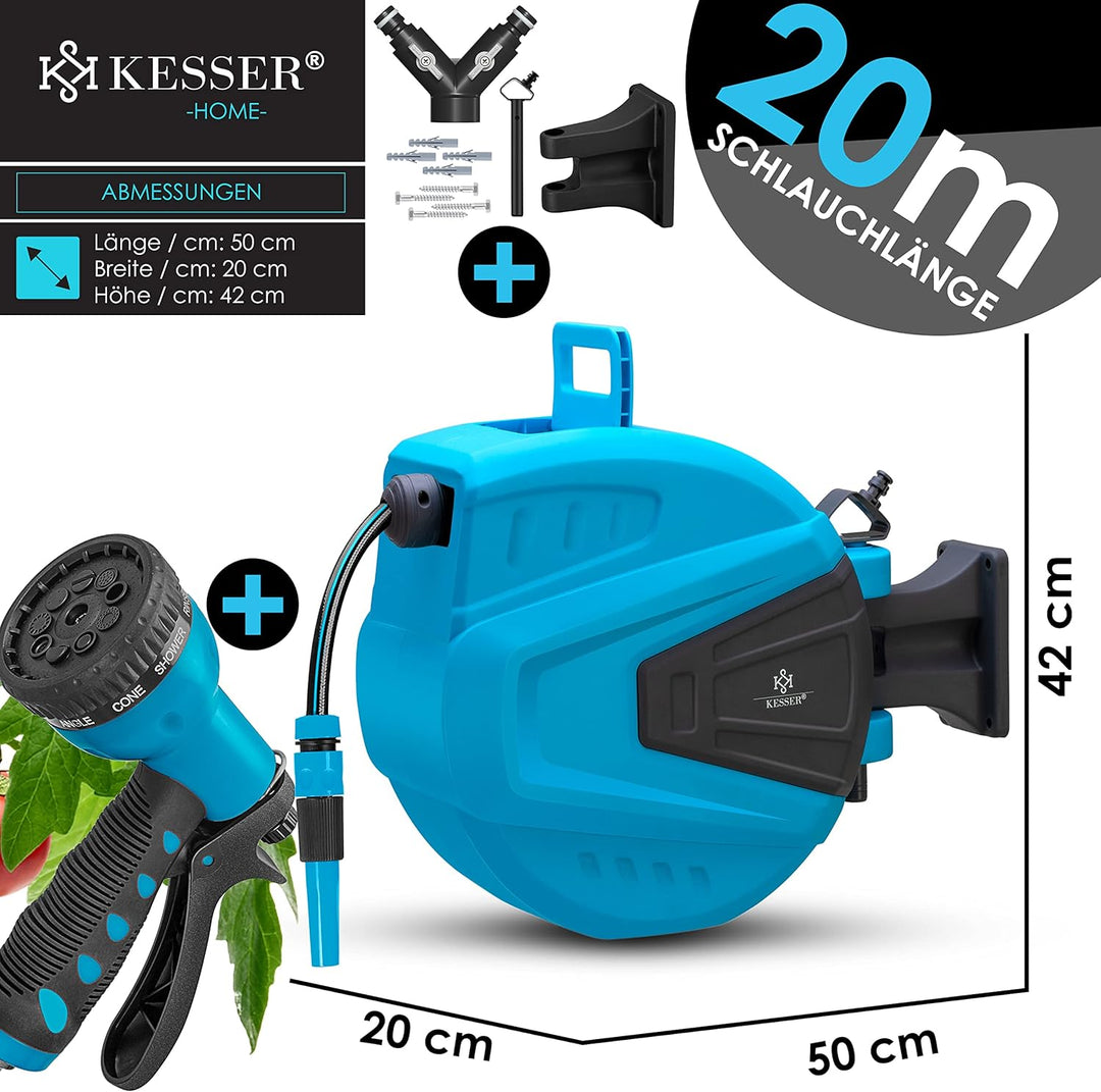 KESSER® Schlauchtrommel Wasser 20+2m Schlauchaufroller Inkl. 2-Wege-Verteiler + Multi-Handbrause Was