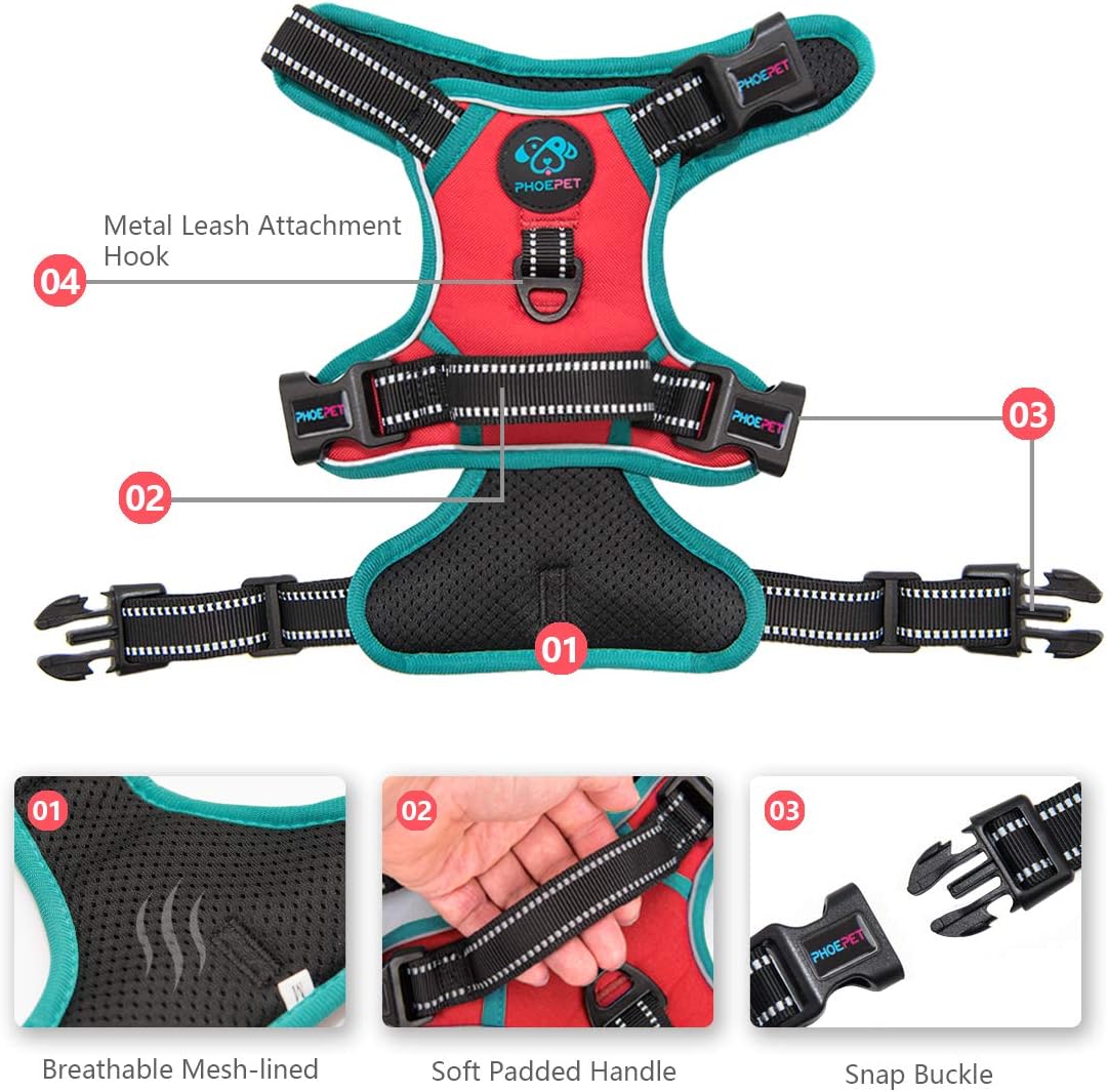 PHOEPET 2019 Anti-Zieh-Hundegeschirr, verbessert, reflektierend, verstellbar, mit Trainingsgriff, 2